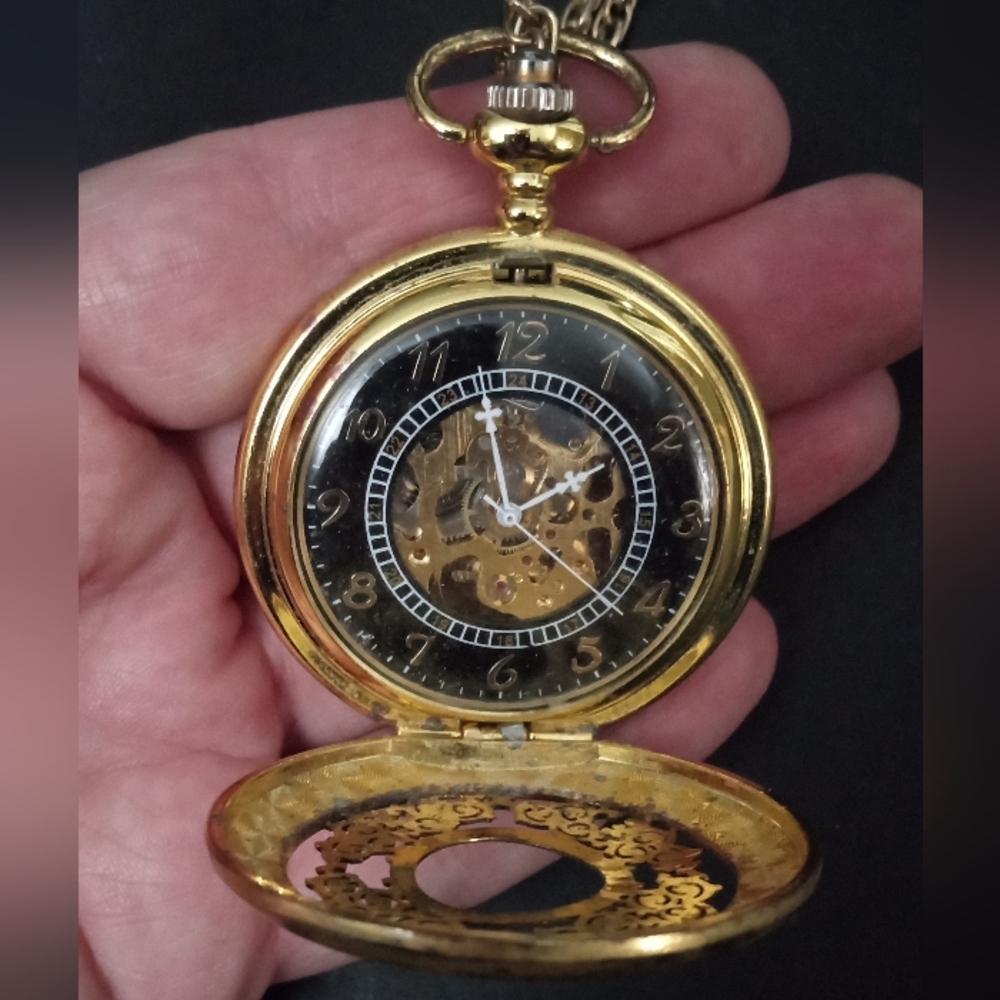 Steampunk Gold Tone Pocket Watch on Chain
